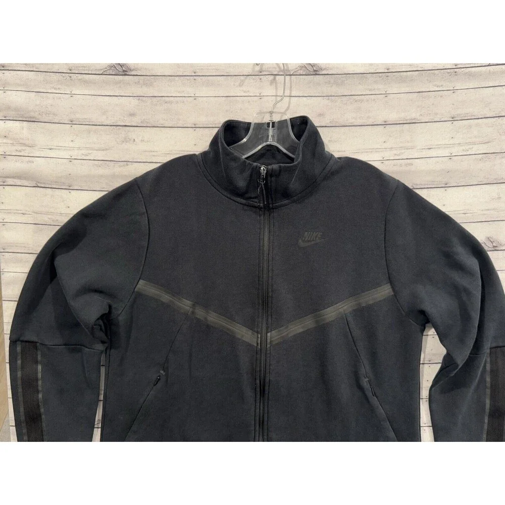 Nike Tech Fleece Jacket Sz Small Black Sweatshirt Full Zip Pockets 3/4 Sleeve